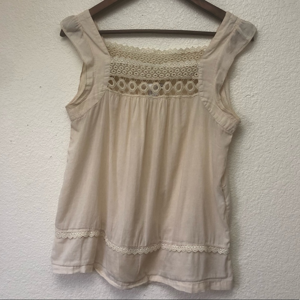 H&M crochet lace trim square neck beige cream peasant top boho blouse tunic